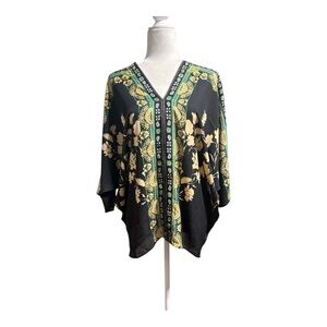 Rose & Olive Floral Boho Blouse V-Neck 3/4 Dolman Sleeve Black & Green Sz M